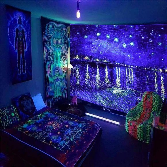 Huge Black Light Starry Night Over the Rhone Vincent Van Gogh Wall Tapestry New - Picture 1 of 9